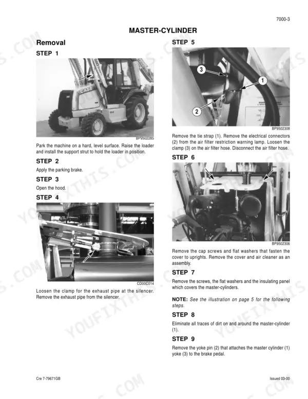 Case 580LE, 580SLE, 580LSP, 580LPS, 590SLE, 590LSP loader backhoe master cylinder removal steps with photos and text