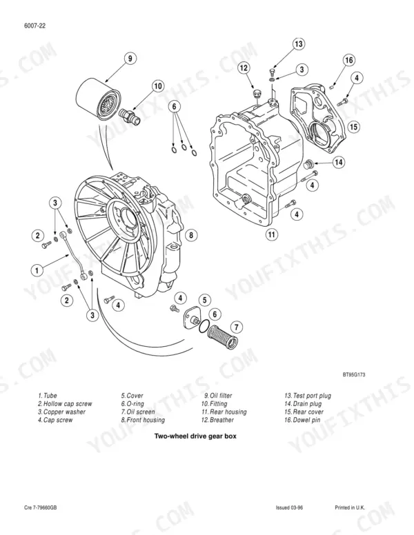 Case 580LE, 580SLE, 580LSP, 580LPS, 590SLE, 590LSP loader backhoe two-wheel drive gear box exploded view with parts list