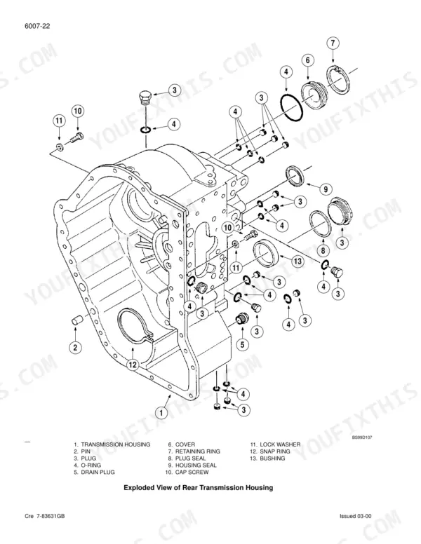 Case 580LE, 580SLE, 580LSP, 580LPS, 590SLE, 590LSP loader backhoe exploded view of rear transmission housing with parts list