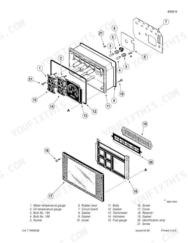 Case 580LE, 580SLE, 580LSP, 580LPS, 590SLE, 590LSP loader backhoe instrument cluster gauges exploded view with parts list