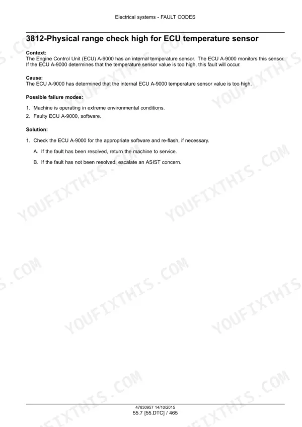 Case 580N EP Tractor Loader Backhoe Service Manual fault code troubleshooting for ECU temperature sensor range check - Page 2001