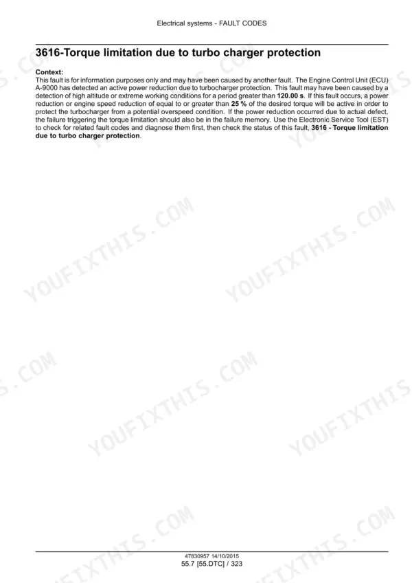 Case 580N EP Tractor Loader Backhoe Service Manual fault code troubleshooting for turbocharger protection torque limitation - Page 1859