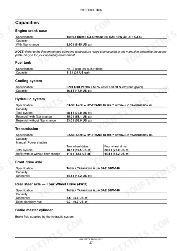 Case 586H, 588H introduction capacities table for engine oil, fuel tank and cooling system - Page 31