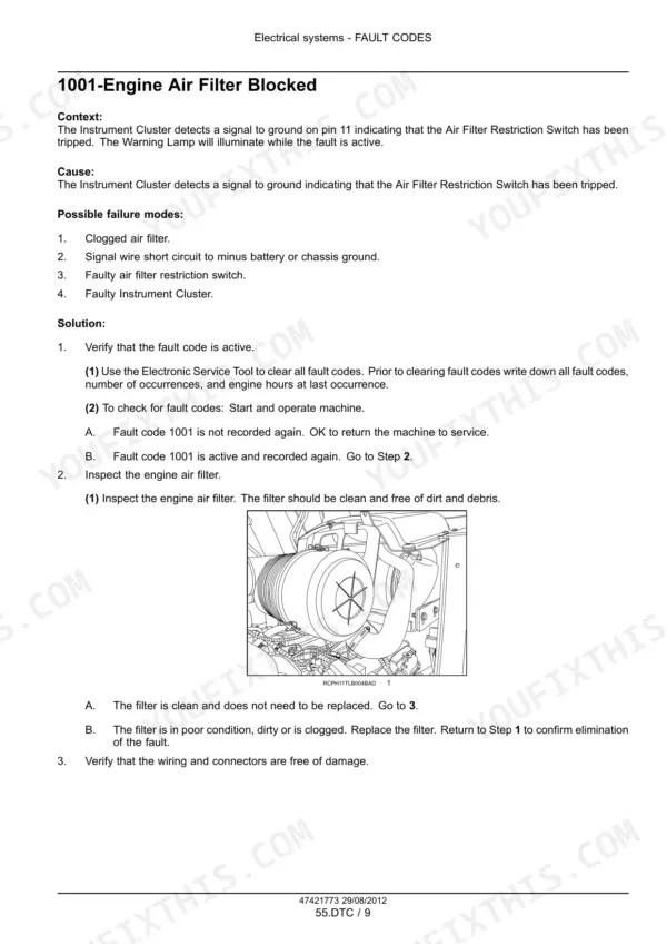 Case 586H, 588H fault code 1001 engine air filter blocked troubleshooting - Page 857