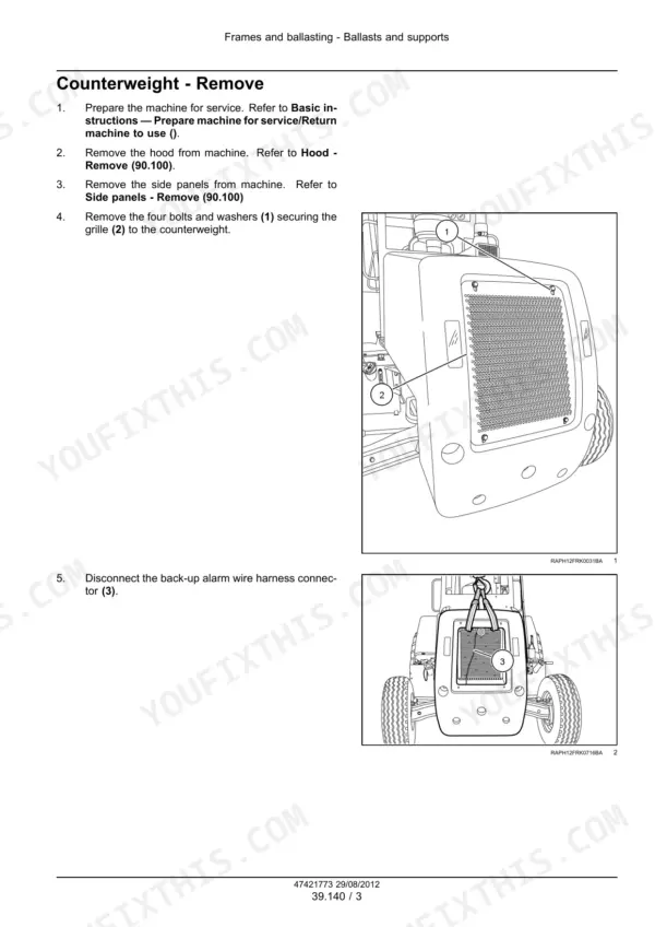 Case 586H, 588H counterweight removal steps with grille and back-up alarm harness - Page 607
