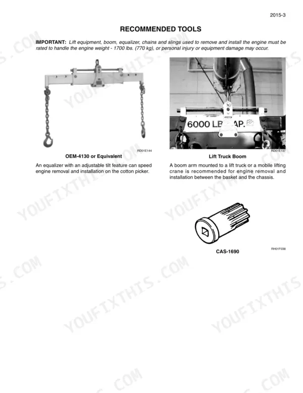Case CPX420, Cotton Express 420 cotton picker Recommended tools for engine removal, lift truck boom and equalizer