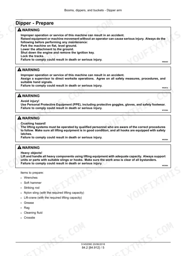 Case CX57C mini excavator dipper arm removal preparation and safety warnings - Page 1776