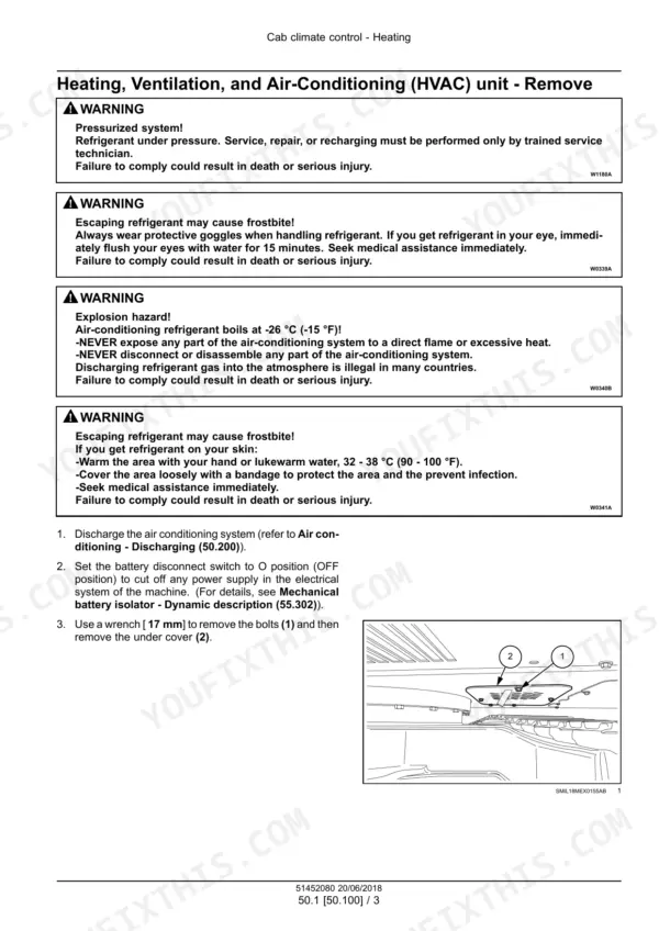 Case CX57C mini excavator HVAC unit removal with refrigerant warnings - Page 878