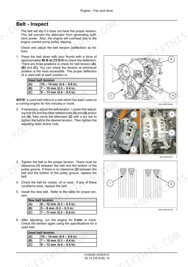 Case CX57C mini excavator engine fan belt tension inspection - Page 308