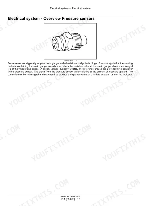 Case IH Axial-Flow 7240, 8240, 9240 combine pressure sensor overview with sensor photo and description