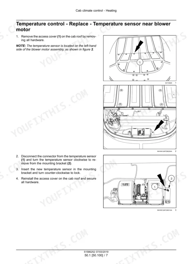 Case IH Axial-Flow 7250, 8250, 9250 combine temperature sensor replacement near blower motor, cab roof