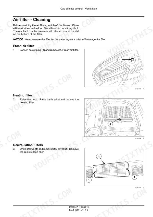 Case IH CVX140, CVX150, CVX160, CVX175, CVX195 tractor Cab air filter cleaning: fresh air, heating and recirculation filters