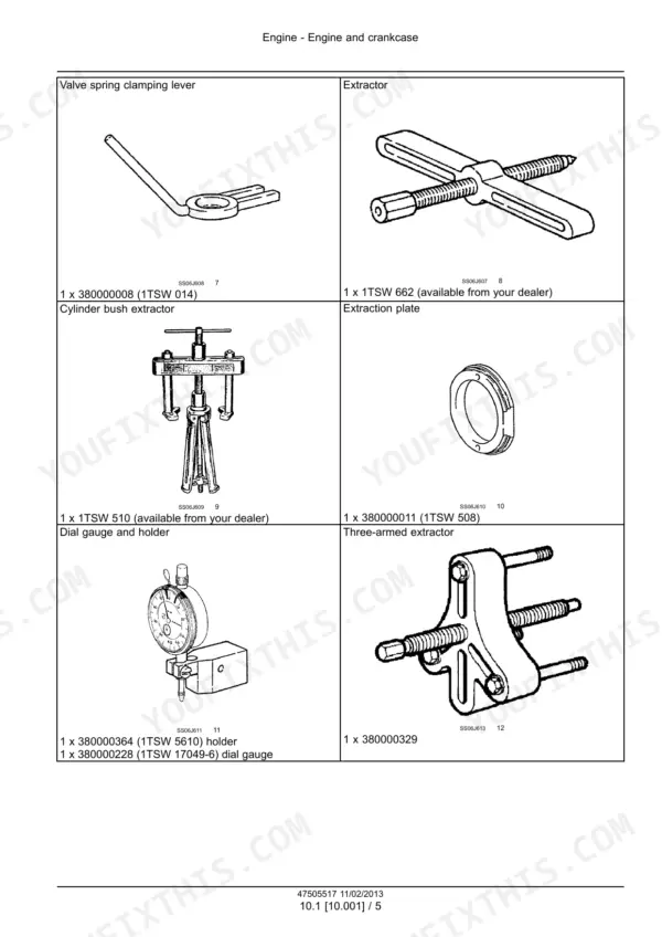 Case IH CVX140, CVX150, CVX160, CVX175, CVX195 tractor Engine special tools: valve spring lever, extractors and dial gauge holder