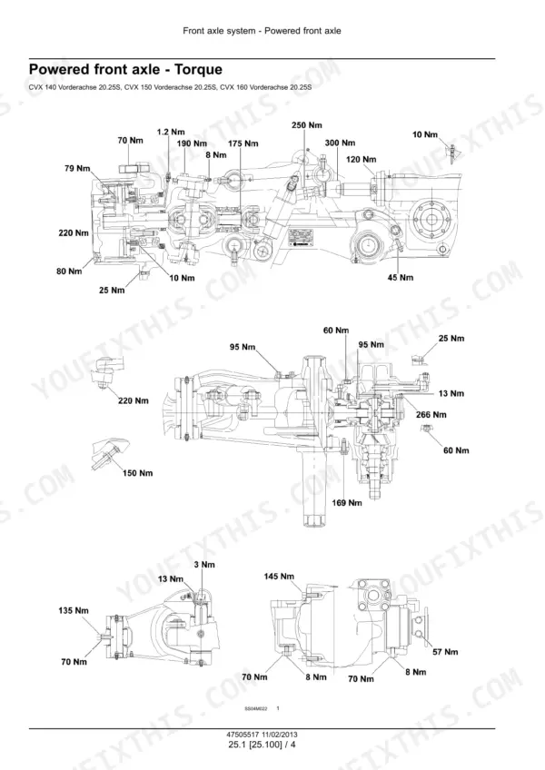 Case IH CVX140, CVX150, CVX160, CVX175, CVX195 tractor Powered front axle tightening torque drawings