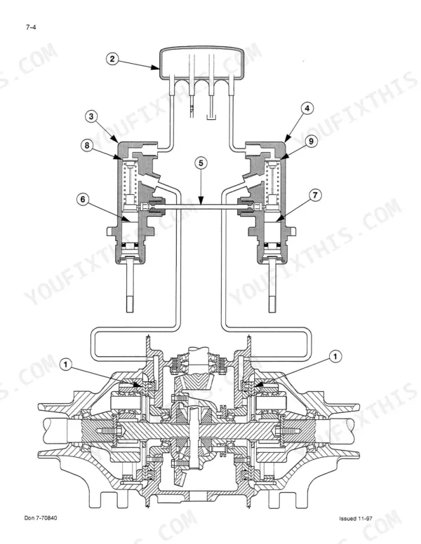 Case_IH_CX50_CX60_CX70_CX80_CX90_CX100_Tractor_Service_Manual_7-71427R0.pdf-brakes-608.webp Case IH CX50-CX100 Series tractor brake system cross-section drawing with numbered components