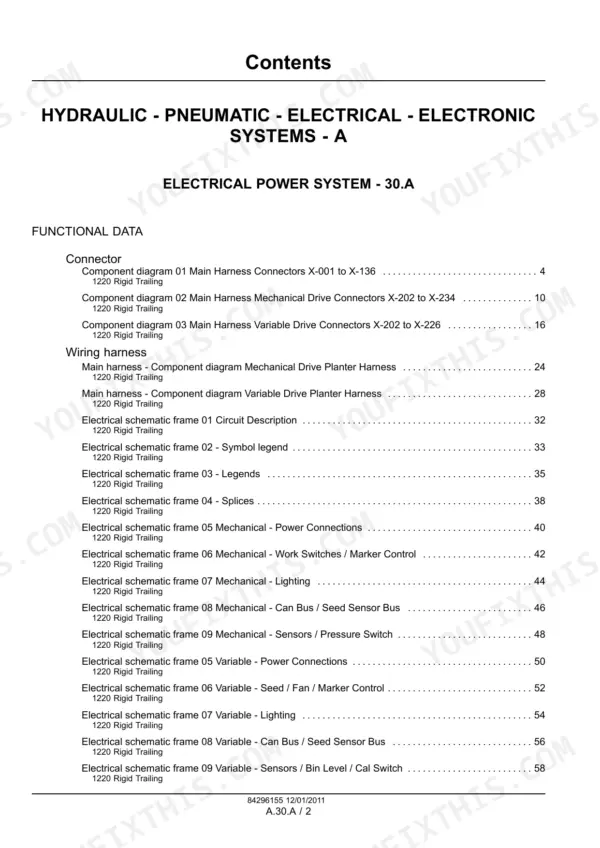 Case IH Early Riser 1210, 1220, 1230 electrical power system contents for rigid trailing model - Page 195