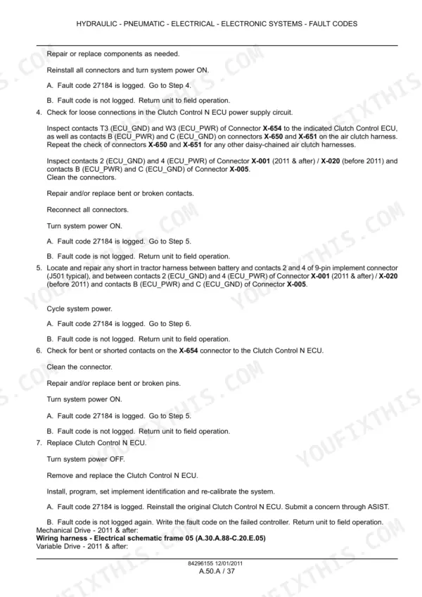 Case IH Early Riser 1210, 1220, 1230 fault code troubleshooting steps for clutch control ECU power supply - Page 472