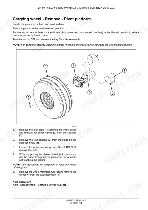 Case_IH_Early_Riser_1240_Pivot_Transport_Planter_Service_Manual_84591531.pdf-axle-and-wheels-1067-1.webp Case IH 1240 planter carrying wheel removal steps on the pivot platform - Page 1067