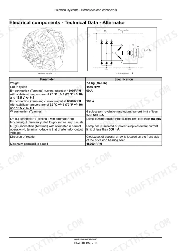 Case IH 2150 12/16 Row Service Manual Electrical systems - Technical Data - Alternator - Page 749