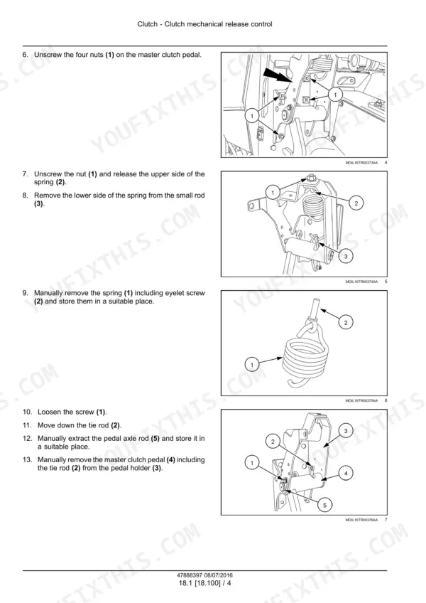 Case IH Farmall 75N to 105V clutch mechanical release control procedure at the master clutch pedal