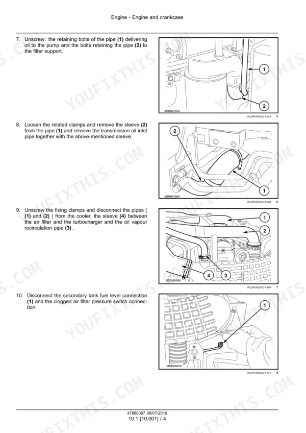 Case IH Farmall 75N to 105V engine removal procedure with oil pipe retaining bolts