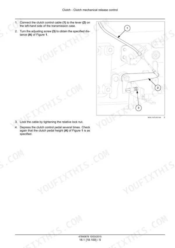Case IH Farmall 85C to 115C clutch mechanical release control cable connection