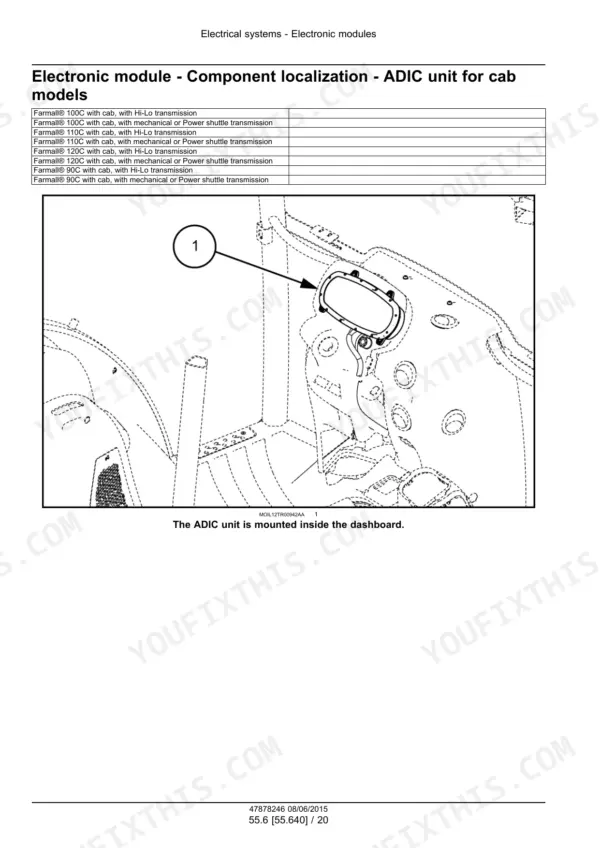 Case IH Farmall 90C to 120C ADIC electronic module location for cab models
