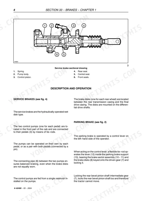 Case IH JX1070U to JX1100U tractor service brake sectional drawing