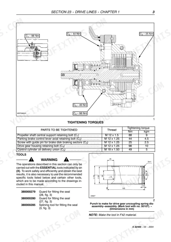 Case IH JX1070U to JX1100U tractor drive lines tightening torques