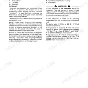 Case IH MXU and Maxxum air conditioning system layout with receiver dryer, condenser, evaporator and R-134a refrigerant notes