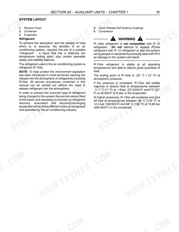 Case_IH_MXU_Maxxum_100_140_Tractor_Service_Manual_87659930.pdf-air-conditioning-50-2039-1.webp Case IH MXU and Maxxum air conditioning system layout with receiver dryer, condenser, evaporator and R-134a refrigerant notes