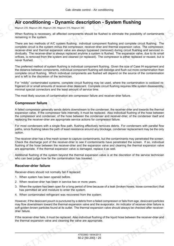 Case IH Magnum 235–340 air conditioning system flushing procedure from the cab climate control section