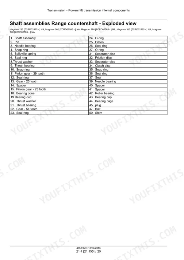 Case IH Magnum 235–340 range countershaft exploded view with parts list from the Powershift transmission section