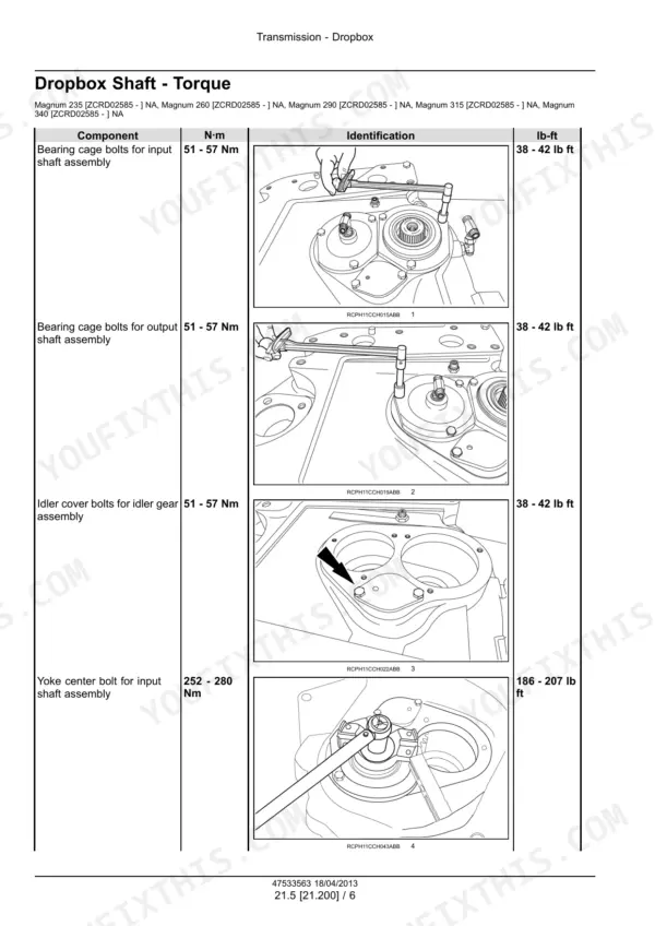 Case IH Magnum 235–340 dropbox shaft component torque specifications from the 4WD system section