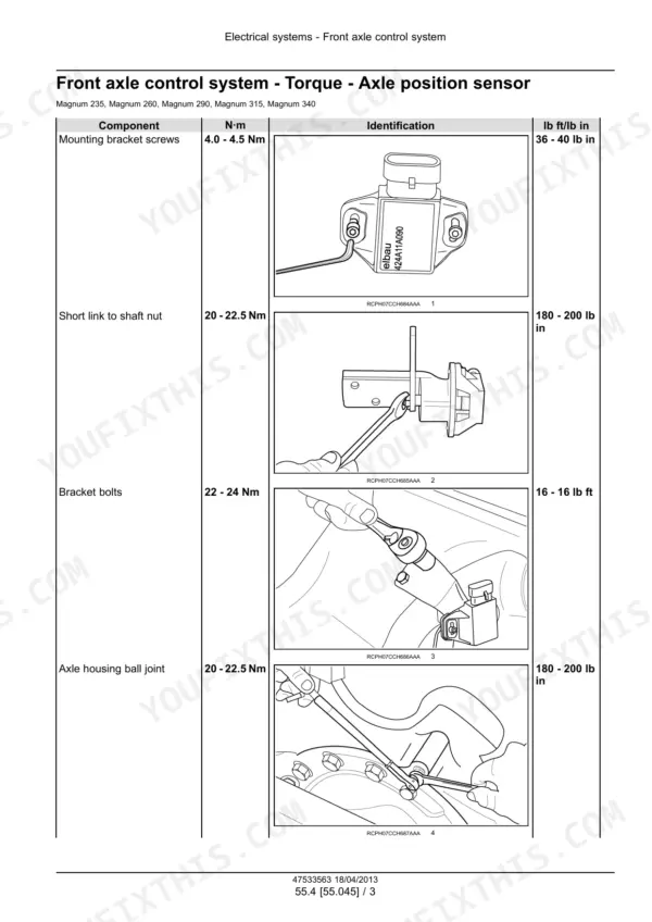 Case IH Magnum 235–340 axle position sensor torque specifications from the electrical control systems section