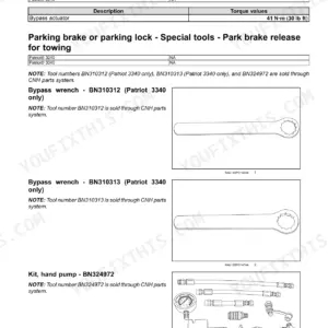 Case IH Patriot 3240 and 3340 parking brake torque page from the brakes and controls section