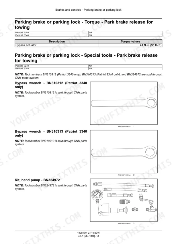 Case IH Patriot 3240 and 3340 parking brake torque page from the brakes and controls section