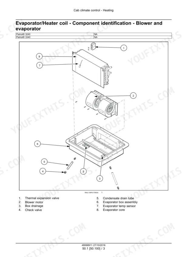 Case IH Patriot 3240 and 3340 blower and evaporator component identification for the cab heating system