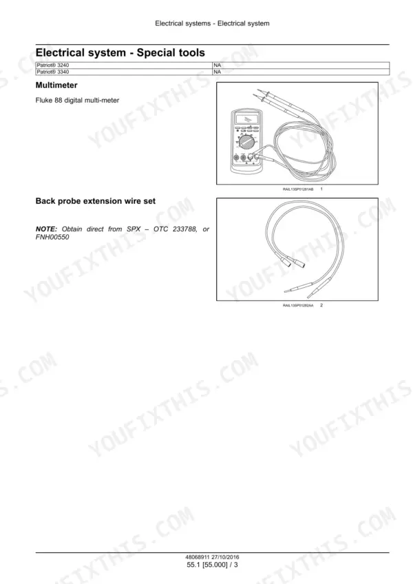 Case IH Patriot 3240 and 3340 electrical system special tools page