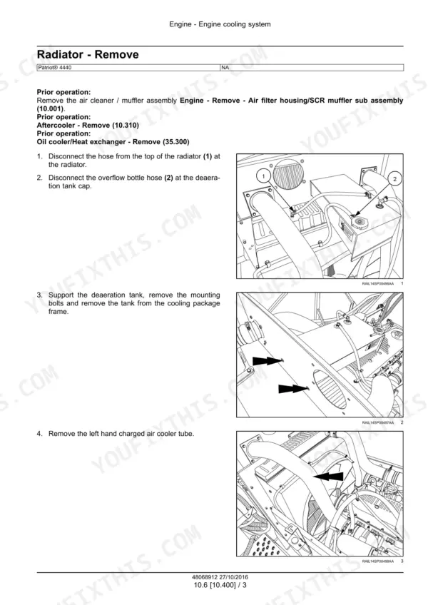 Case IH Patriot 4440 radiator removal from the engine cooling system section