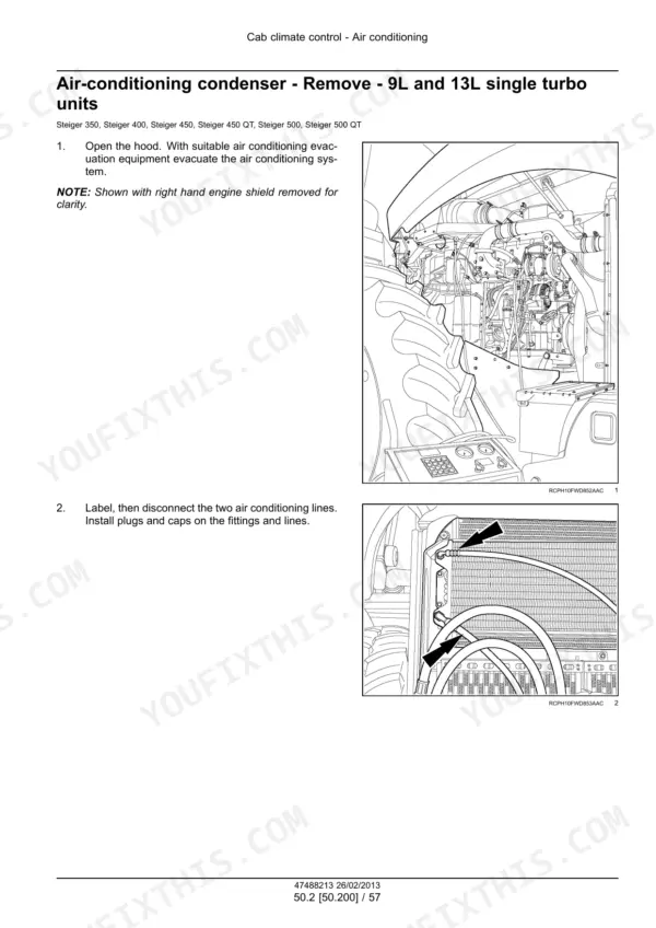 Case IH Steiger/Quadtrac 350–600 air conditioning condenser removal procedure from the cab climate control section