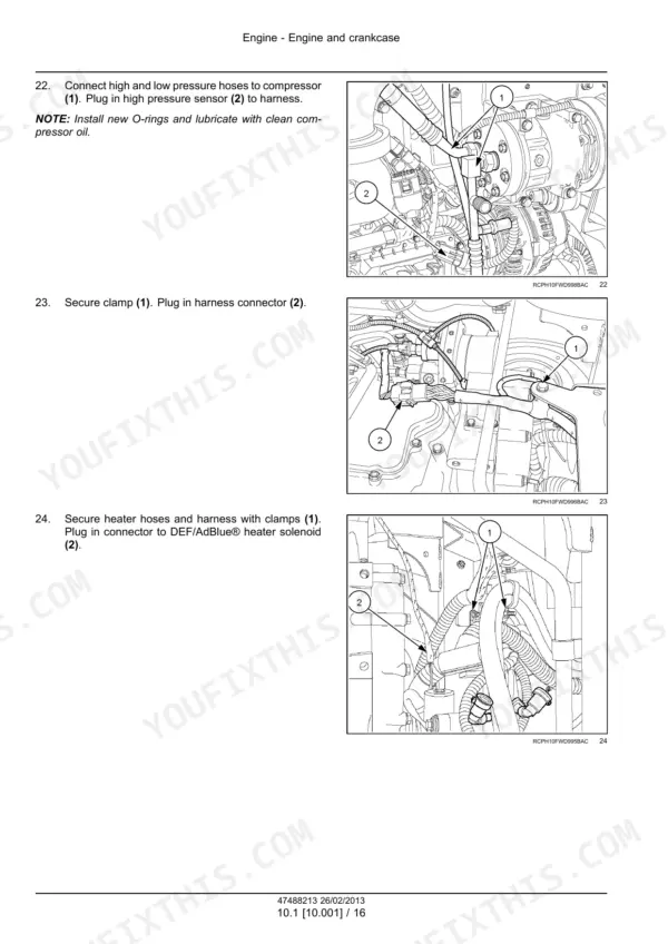 Case IH Steiger/Quadtrac 350–600 engine installation steps 22–24 with A/C compressor hoses and DEF/AdBlue heater connections