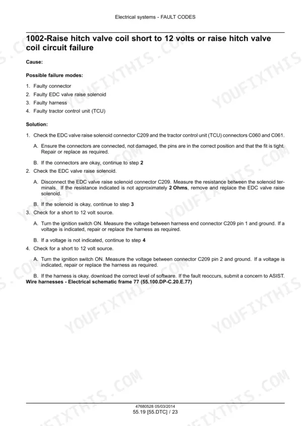 Case IH Steiger and Quadtrac fault code 1002, raise hitch valve coil short to 12 volts