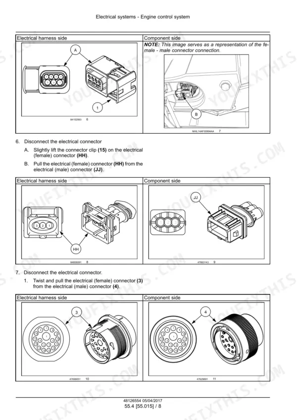 Case IH WD2104 and WD2504 engine control system connector view, harness side and component side