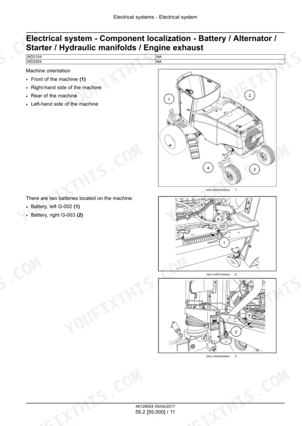 Case IH WD2104 and WD2504 component localization: battery, alternator, starter, hydraulic manifolds