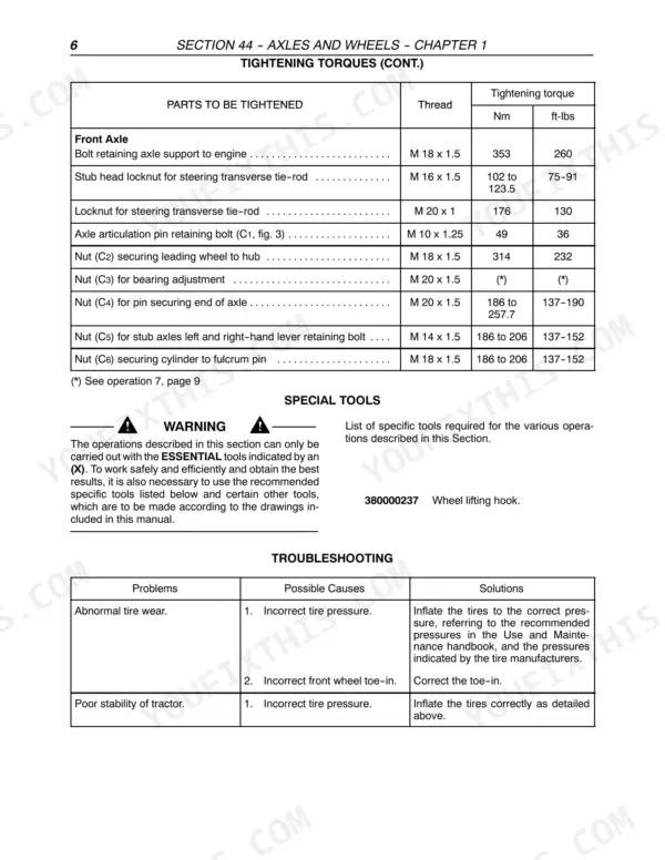 Case IH JX1080U, JX1090U, JX1100U front axle tightening torques table with thread sizes and Nm and ft-lbs values - Page 736
