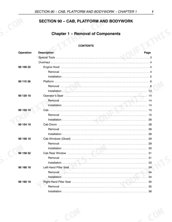 Case IH JX1080U, JX1090U, JX1100U complete contents page listing repair manual sections from general to cab and bodywork - Page 1