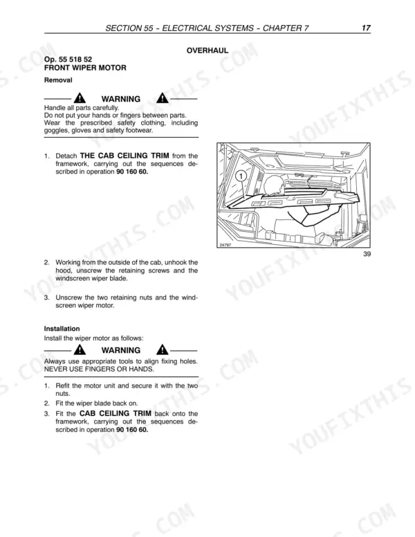 Case IH JX1080U, JX1090U, JX1100U front wiper motor removal and installation procedure with numbered steps - Page 1099