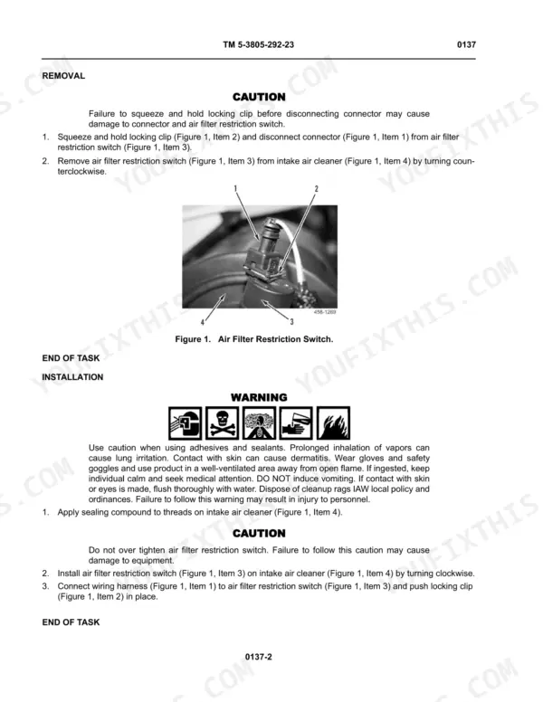 Case M400T, M400W Skid Steer Loader Technical Manual Air Filter Restriction Switch Removal - Page 1064