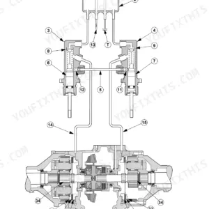 Case MX80C, MX90C, MX100C tractor brake system cutaway diagram with numbered master cylinders, lines and brake pack components